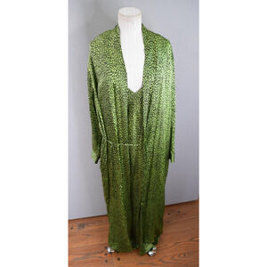 Victoria's Secret Slip Gown Robe Set Women Large Green Leopard 100% Silk 90's
